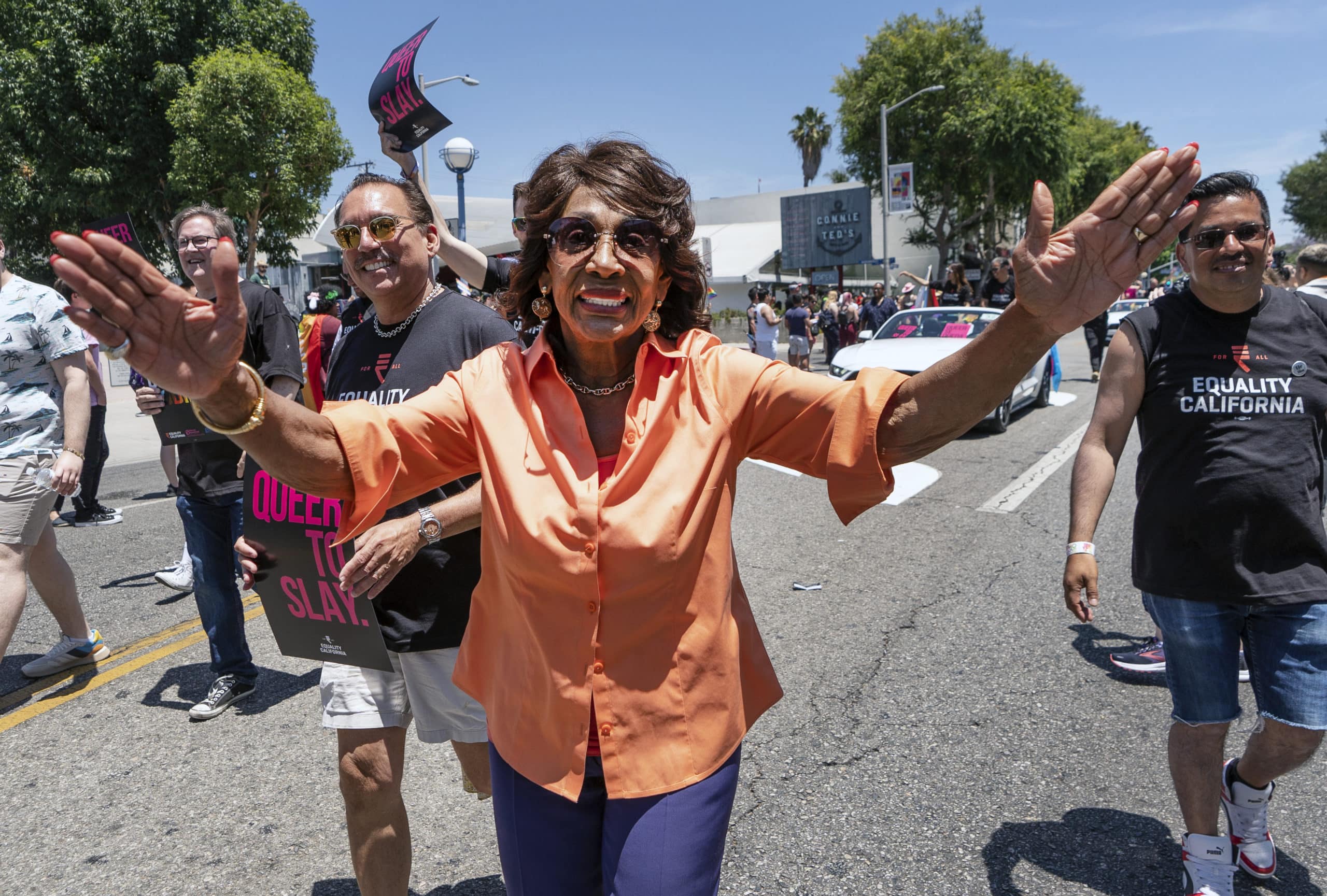 Rep. Maxine Waters, D-Calif., participates at the inaugural WeHo Pride Parade in West Hollywood, Calif., on Sunday, June 5, 2022. (AP Photo/Damian Dovarganes)