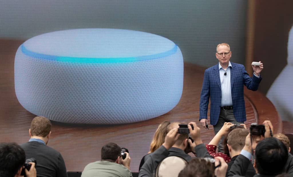 Dave Limp, Senior Vice President of Amazon Devices, introduces an redesigned echo dot at the Amazon Spheres, on September 20, 2018 in Seattle Washington.