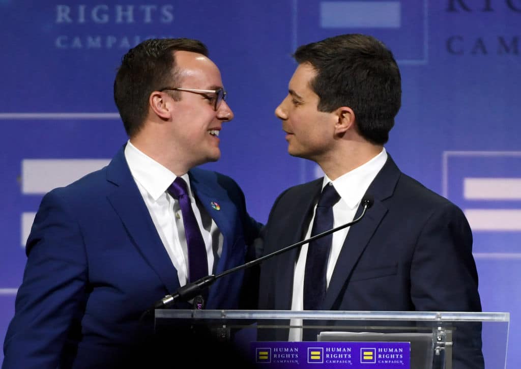 Chasten Glezman Buttigieg (L) greets his husband, South Bend, Indiana Mayor Pete Buttigieg, after he delivered a keynote address at the Human Rights Campaign's (HRC) 14th annual Las Vegas Gala at Caesars Palace on May 11, 2019 in Las Vegas, Nevada. Buttigieg is the first openly gay candidate to run for the Democratic presidential nomination. The HRC is the largest LGBTQ advocacy group in the United States.