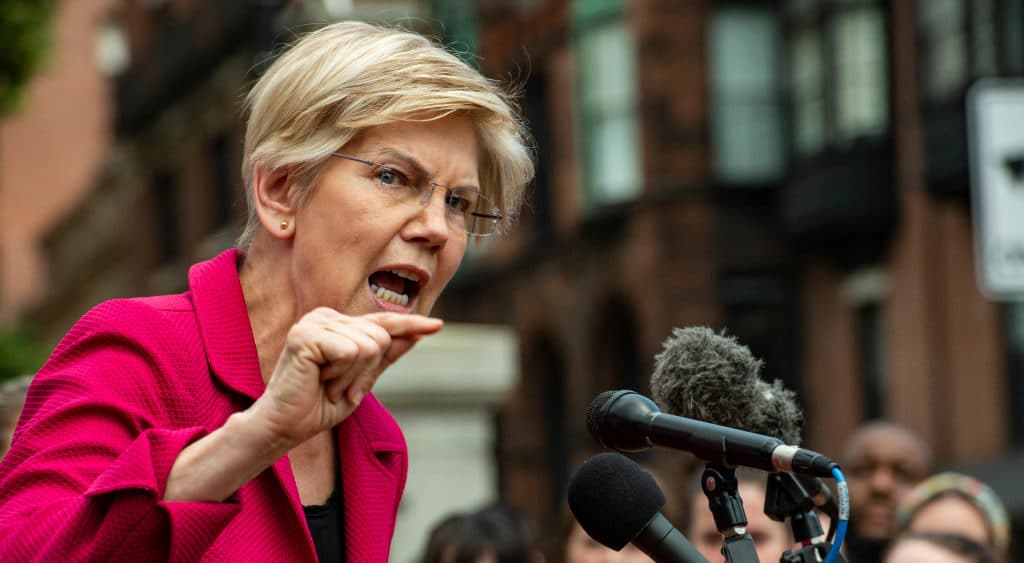 US Senator Elizabeth Warren addresses the public during a rally to protest the US Supreme Courts overturning of Roe Vs. Wade at the Massachusetts State House in Boston, Massachusetts on June 24, 2022. (Photo by Joseph Prezioso / AFP) (Photo by JOSEPH PREZIOSO/AFP via Getty Images)