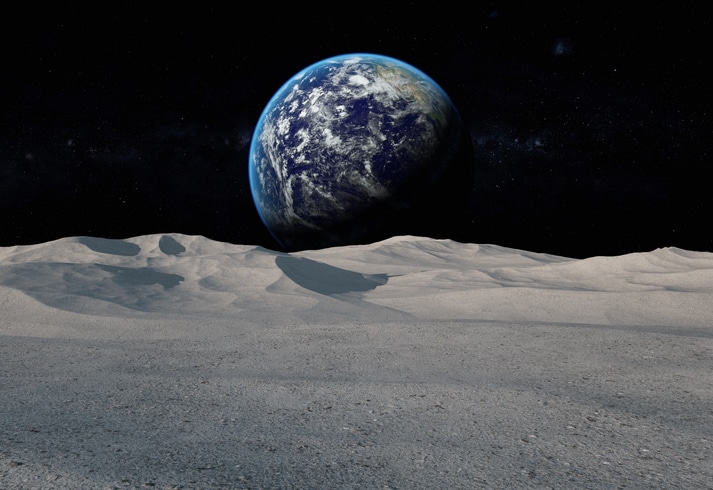 Digital generated image of earth rising.Maps used for the octane render(https://visibleearth.nasa.gov/images/57752/blue-marble-land-surface-shallow-water-and-shaded-topography)
