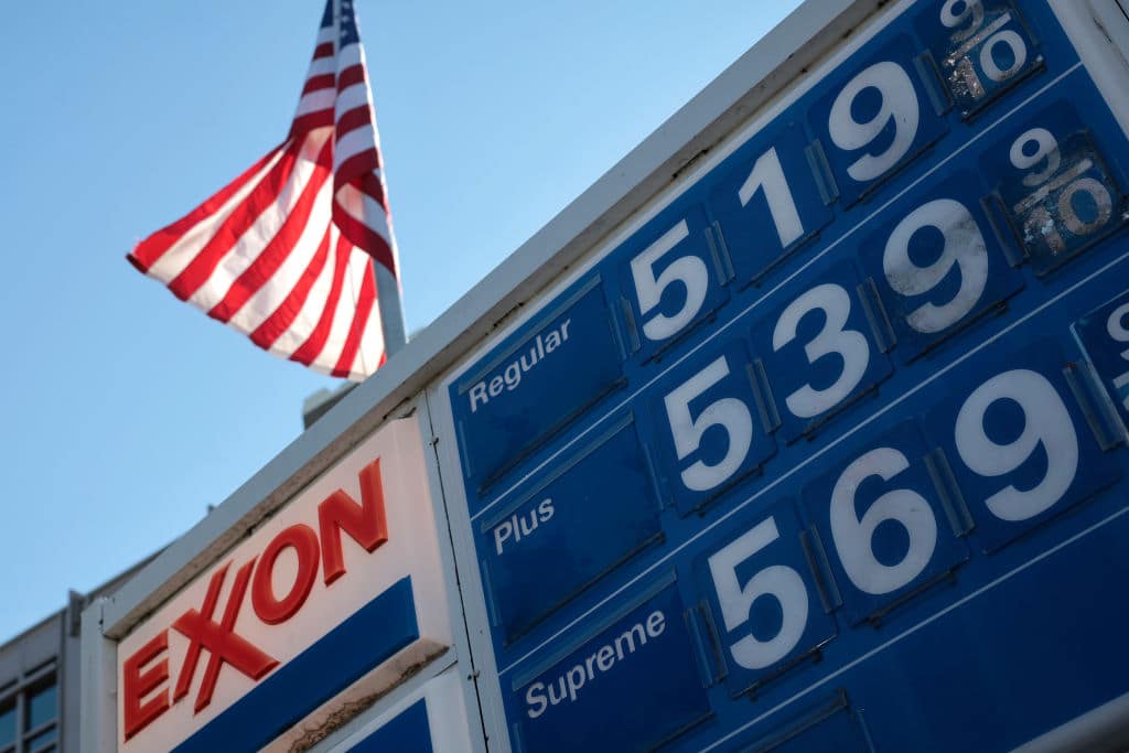 WASHINGTON, DC - MARCH 14: Prices for gas at an Exxon gas station on Capitol Hill are seen March 14, 2022 in Washington, DC. The cost of gasoline continues to rise across the globe and in the United States due to the Russian invasion of Ukraine and continued inflation associated with the global pandemic. (Photo by Win McNamee/Getty Images)