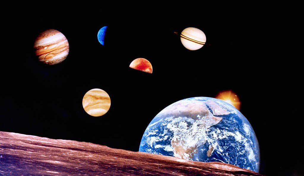 From images taken by NASA spacecrafts, this picture mosaic was created of six of the planets in our solar system and the Earth's moon. In the foreground is the Earth rising over the lunar surface with the sun flare at the edge of Earth. Venus is the first planet above the moon, and at the top left to right are the planets Jupiter, Mercury, Mars and Saturn. Photo credits are as follows: Earth - Apollo 17; Lunar Surface - Apollo 8; Sun - Apollo 12; Venus - Pioneer Venus; Jupiter - Voyager I; Mercury - Mariner 10; Saturn - Pioneer 11.