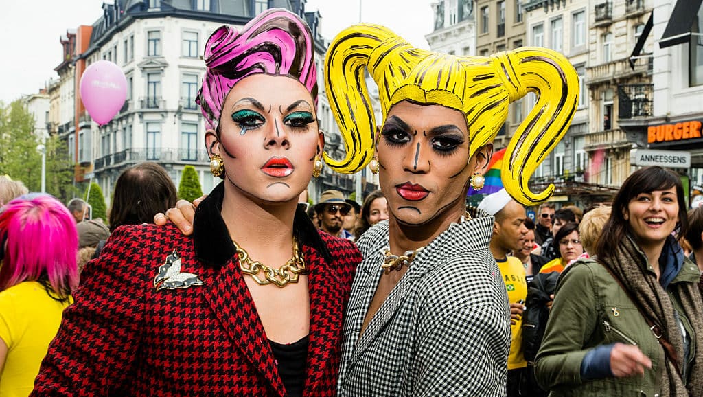 Belgium, Brussels, 19 May 2013. Two dressed up gay men pose in the streets of Brussels. About 80,000 participants at the Belgian Pride Parade to celebrate the LGBT
