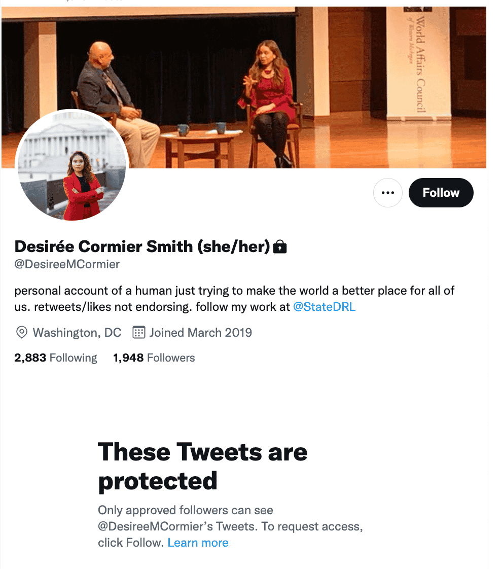 Desiree Cormier Smith's profile on twitter