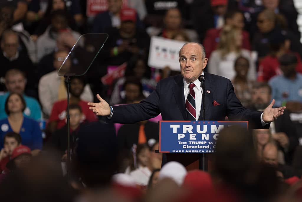 CLEVELAND, OH - OCTOBER 22: Rudy Giuliani introduces Republican vice-presidential nominee Mike Pence during his campaign stop along side presidential nominee Donald Trump at the International Exposition Center on October 22, 2016 in Cleveland, Ohio. Trump and Democratic presidential nominee Hillary Clinton continue to campaign as Election Day nears. (Photo by Justin Merriman/Getty Images)