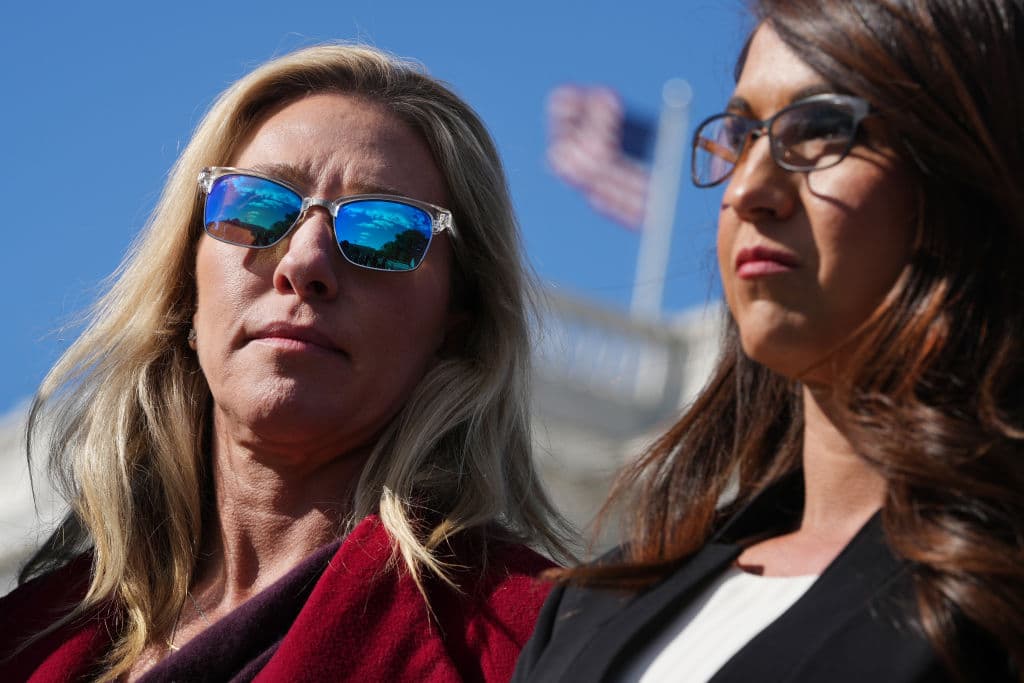 UNITED STATES - NOVEMBER 03: Reps. Marjorie Taylor Greene, R-Ga., left, and Lauren Boebert, R-Colo., attend a news conference with the House Freedom Caucus to oppose the Democrats big government tax and spend package, outside of the U.S. Capitol on Wednesday, November 3, 2021. (Photo By Tom Williams/CQ-Roll Call, Inc via Getty Images)