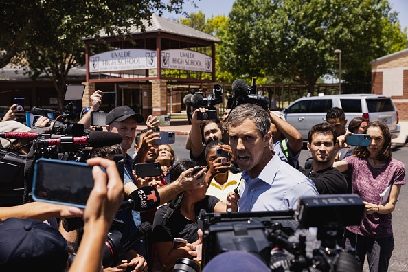 UVALDE, TX - MAY 25: Democratic gubernatorial candidate Beto O'Rourke speaks to the media after interrupting a press conference held by Texas Gov. Greg Abbott on May 25, 2022 in Uvalde, Texas. 21 people were killed, including 19 children, during a mass shooting on May 24 at Robb Elementary School. The shooter, identified as 18 year old Salvador Ramos, was reportedly killed by law enforcement. (Photo by Jordan Vonderhaar/Getty Images)