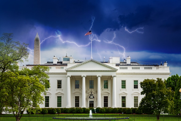 Storm moody sky over White House, residence and workplace of the president of the United States, concept shot