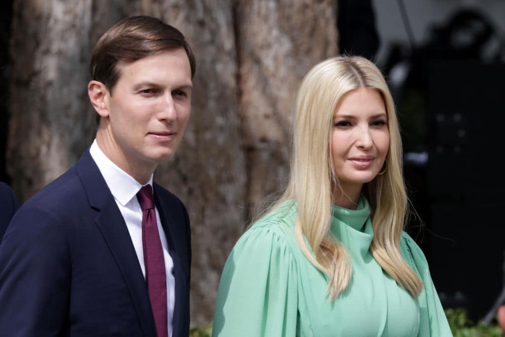WASHINGTON, DC - SEPTEMBER 15:  Special adviser to the president Jared Kushner (L) and Ivanka Trump arrive to the signing ceremony of the Abraham Accords on the South Lawn of the White House September 15, 2020 in Washington, DC. Witnessed by President Trump, Prime Minister Netanyahu signed a peace deal with the UAE and a declaration of intent to make peace with Bahrain. (Photo by Alex Wong/Getty Images)
