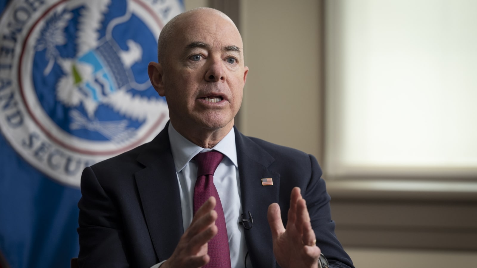 Washington, D.C. (June 14, 2021) Homeland Security Secretary Alejandro Mayorkas participates in an interview with Michael Isikoff from Yahoo News.