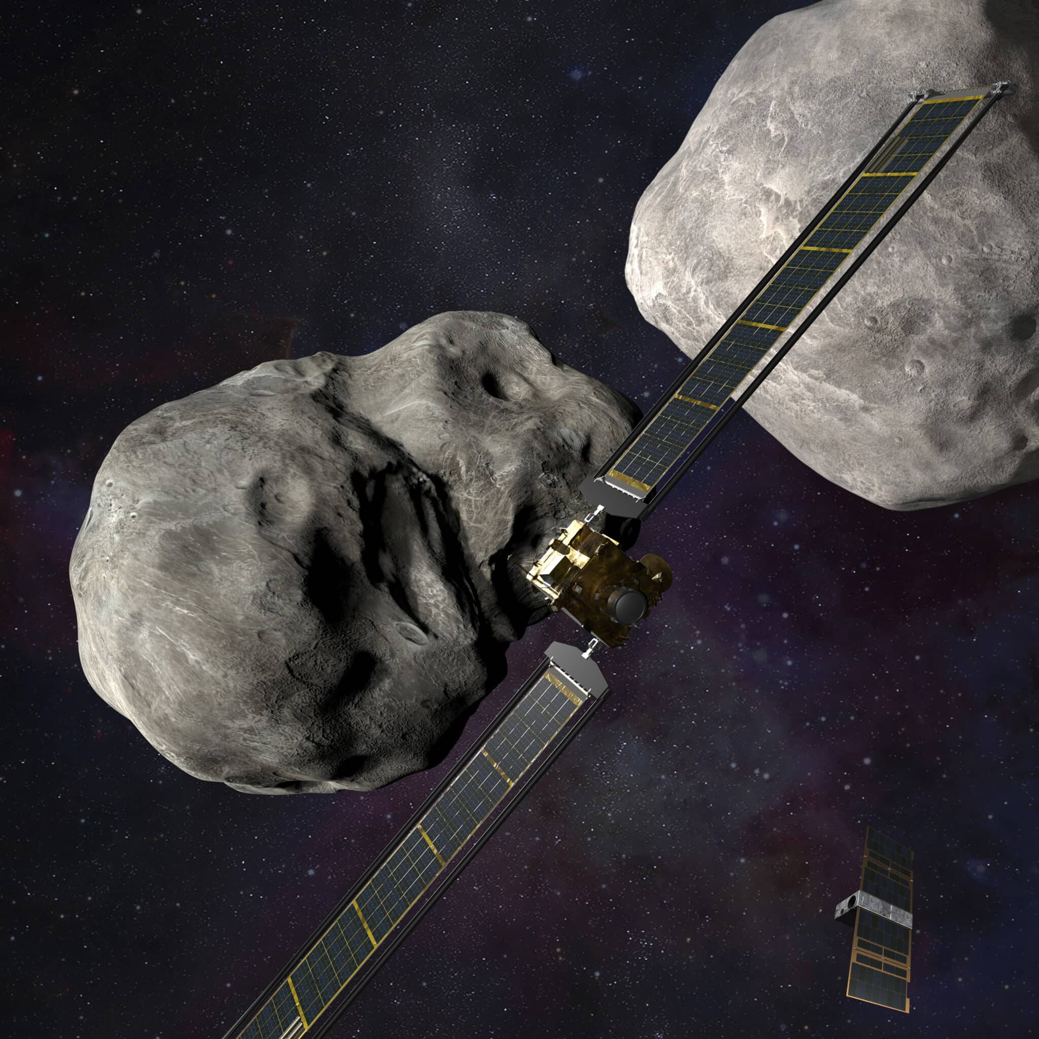 This illustration made available by Johns Hopkins APL and NASA depicts NASA's DART probe, center, and Italian Space Agency's (ASI) LICIACube, bottom right, at the Didymos system before impact with the asteroid Dimorphos, left. DART is expected to zero in on the asteroid Monday, Sept. 26, 2022, intent on slamming it head-on at 14,000 mph. The impact should be just enough to nudge the asteroid into a slightly tighter orbit around its companion space rock. (Steve Gribben/Johns Hopkins APL/NASA via AP)