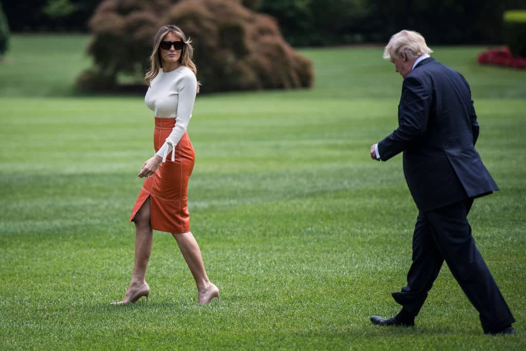 WASHINGTON, DC - MAY 19: President Donald Trump and first lady Melania Trump walk across the South Lawn to board Marine One and fly to Andrews Air Force Base, Md., at the White House in Washington, DC on Friday, May 19, 2017. Trump is leaving for his first foreign trip, visiting Saudi Arabia, Israel, Vatican, and a pair of summits in Brussels and Sicily.  (Photo by Jabin Botsford/The Washington Post via Getty Images)