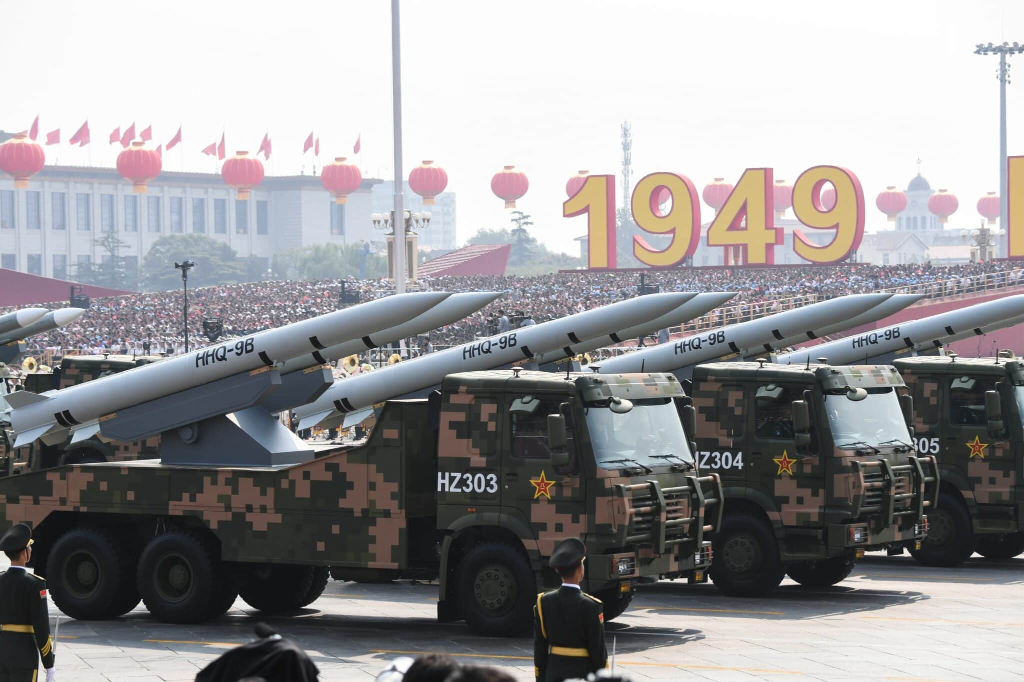 Military vehicles carrying HHQ-9B surface-to-air missiles participate in a military parade at Tiananmen Square in Beijing on October 1, 2019, to mark the 70th anniversary of the founding of the Peoples Republic of China. (Photo by GREG BAKER / AFP)        (Photo credit should read GREG BAKER/AFP via Getty Images)