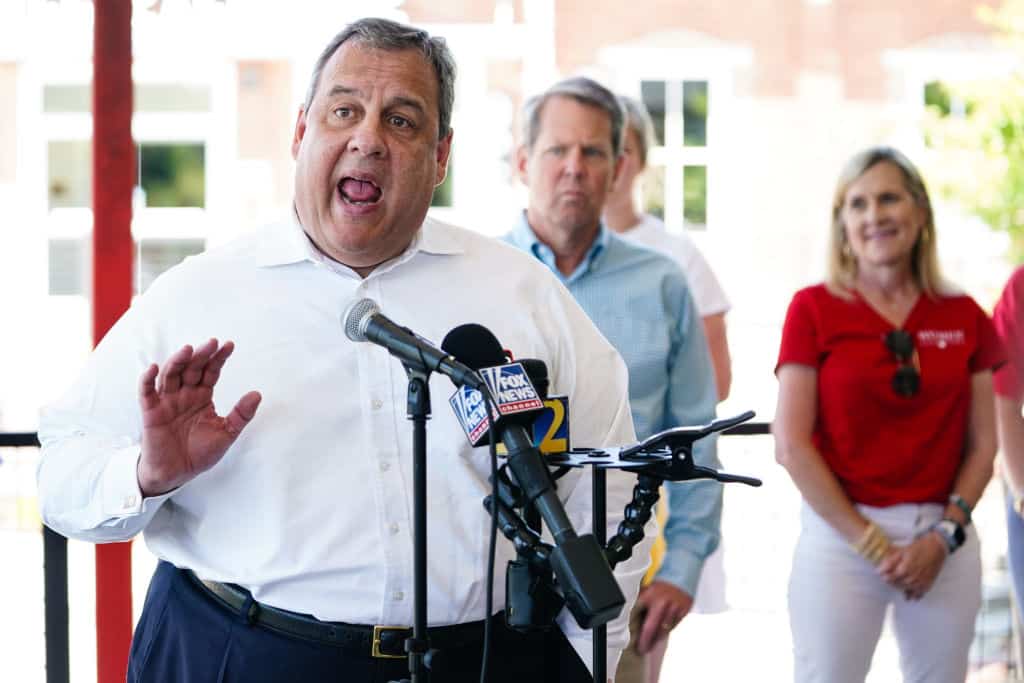 CANTON, GA - MAY 17:   Former New Jersey Gov. Chris Christie speaks at a campaign event for Gov. Brian Kemp on May 17, 2022 in Canton, Georgia. Kemp touted a one-time tax refund included in the state budget he signed last week on a statewide bus tour to meet and talk with voters ahead of the May 24 primary.  (Photo by Elijah Nouvelage/Getty Images)