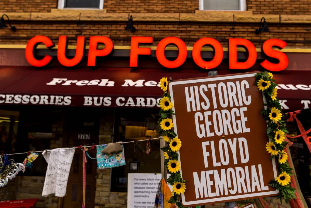 MINNEAPOLIS, MN - MAY 25: A sign reads Historic George Floyd Memorial outside of Cup Foods on May 25, 2022 in Minneapolis, Minnesota. It has been two years since George Floyd was killed by Minneapolis Police. (Photo by Stephen Maturen/Getty Images)