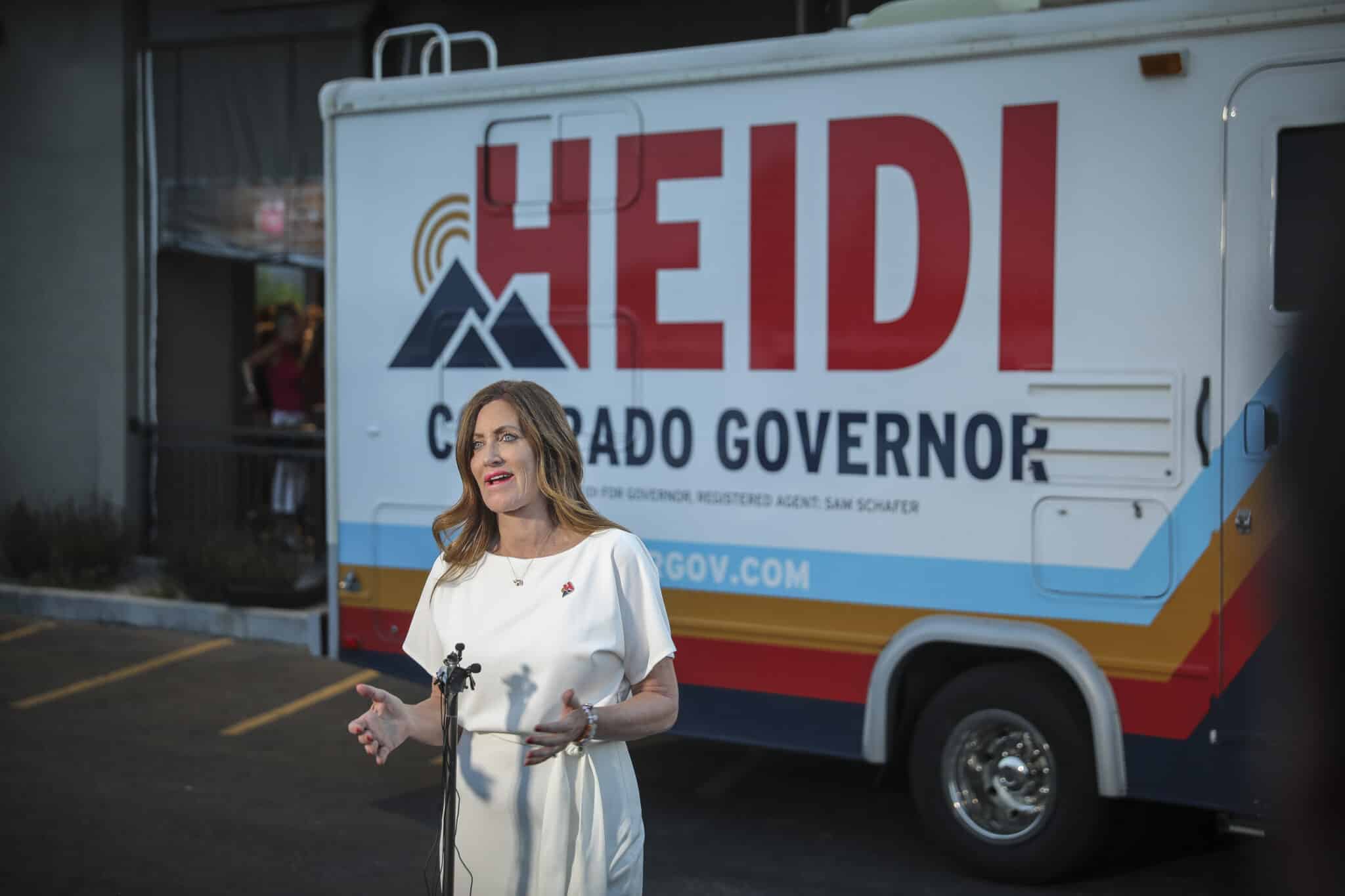 SEDALIA, CO - JUNE 28: Colorado Republican gubernatorial candidate Heidi Ganahl addresses the media after a watch party at the Wide Open Saloon on June 28, 2022 in Sedalia, Colorado. Ganahl defeated Greg Lopez in the Republican primary and will take on Democratic incumbent Jared Polis in November. (Photo by Marc Piscotty/Getty Images)