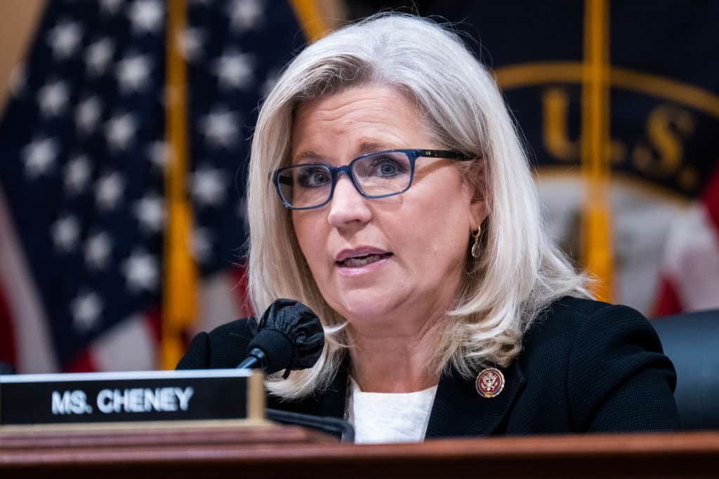 UNITED STATES - JULY 12: Vice chair Rep. Liz Cheney, R-Wyo., speaks during the Select Committee to Investigate the January 6th Attack on the United States Capitol hearing to present previously unseen material and hear witness testimony in Cannon Building, on Tuesday, July 12, 2022. (Tom Williams/CQ-Roll Call, Inc via Getty Images)