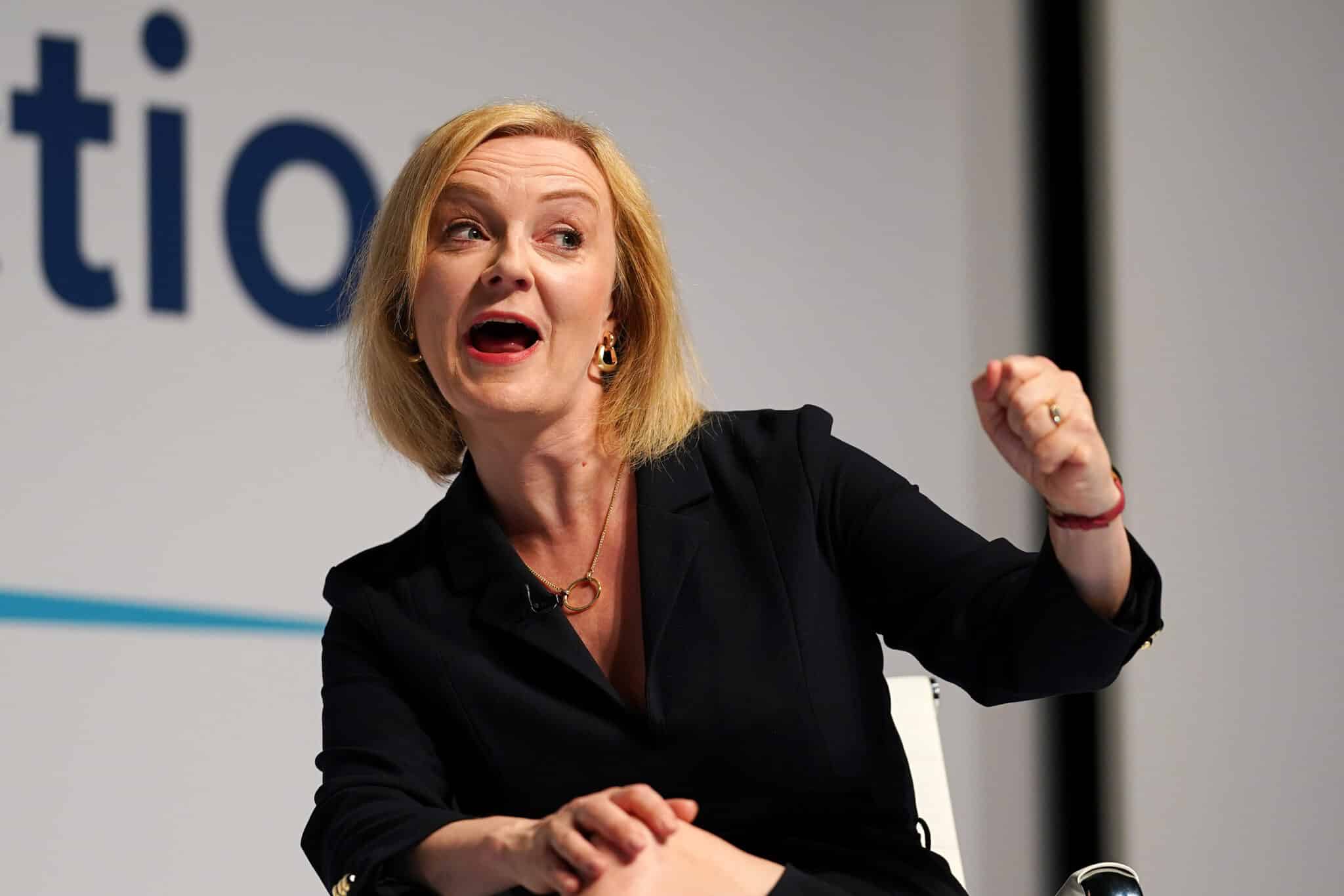DARLINGTON, ENGLAND - AUGUST 9: British Foreign Secretary Liz Truss speaks at the fifth Conservative leadership hustings before an audience of Party members and media at the Darlington Hippodrome on August 9, 2022 in Darlington, England. The results of the leadership contest will be announced September 5. (Photo by Ian Forsyth/Getty Images)
