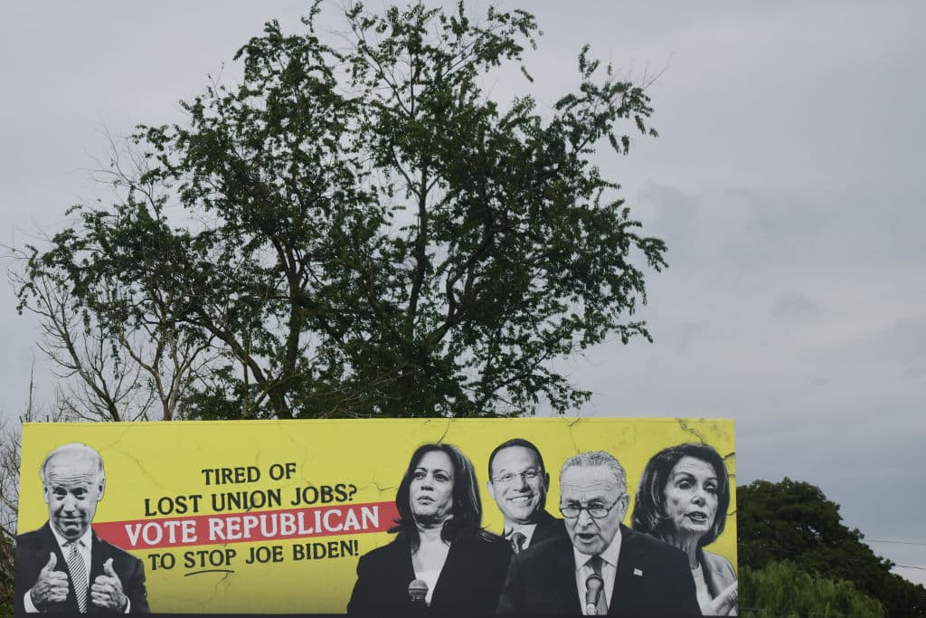 NORTHAMPTON COUNTY, PA - SEPTEMBER 22:  A billboard critical of Democrats featuring (L-R) U.S. President Joe Biden, U.S. Vice President Kamala Harris, Democratic candidate for Governor Pennsylvania Attorney General Josh Shapiro, U.S. Senator Chuck Shumer (D-NY), and U.S. Representative Nancy Pelosi (D-CA) is seen along a highway on September 22, 2022 in Northampton County, Pennsylvania. Democratic candidate for Governor Pennsylvania Attorney General Josh Shapiro held a Northampton County Meet & Greet event at United Steelworkers in Bethlehem in the afternoon.  Shapiro faces Republican challenger Doug Mastriano for the general election in November. (Photo by Mark Makela/Getty Images)