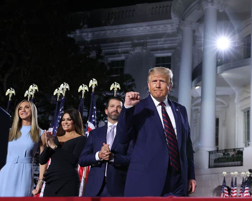 WASHINGTON, DC - AUGUST 27: U.S. President Donald Trump (C) reacts as he stands with his family members after delivering his acceptance speech for the Republican presidential nomination on the South Lawn of the White House August 27, 2020 in Washington, DC. Trump gave the speech in front of 1500 invited guests.  (Photo by Chip Somodevilla/Getty Images)