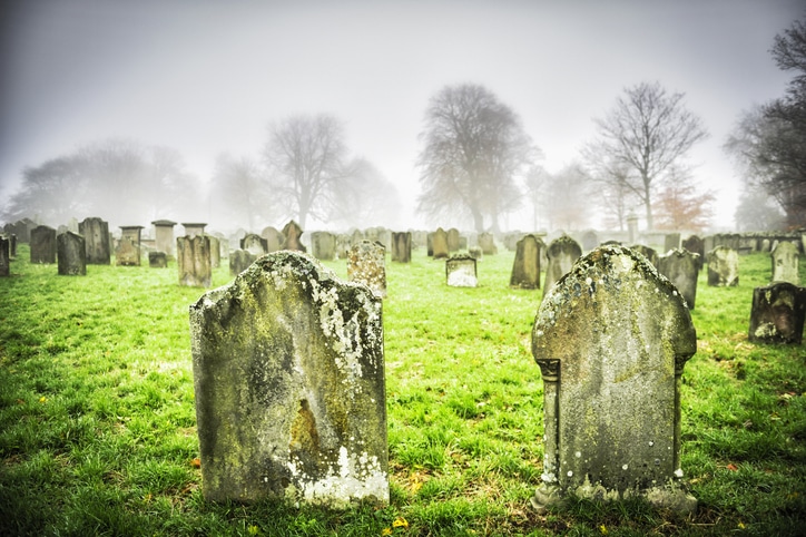 Close up of dilapidated gravestones in cemetery