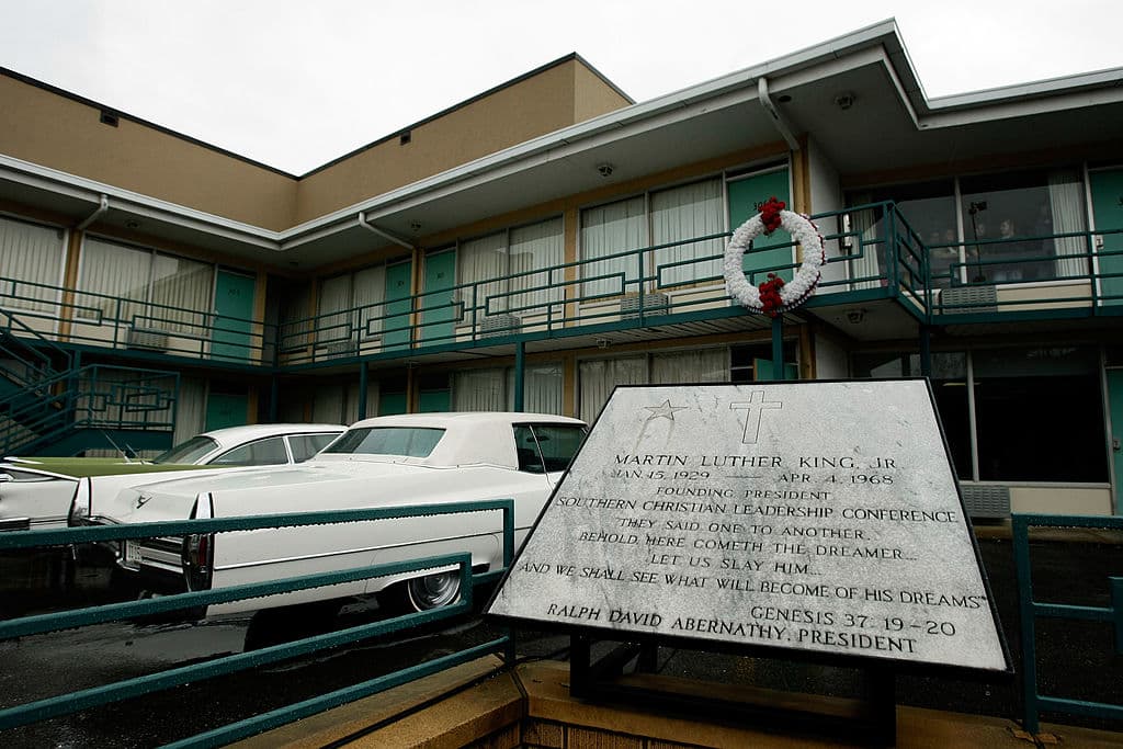 MEMPHIS, TN - APRIL 3:  A wreath marks the location where Martin Luther King, Jr. was shot to death on the second floor of the Lorraine Hotel, now part of the National Civil Rights Museum, April 3, 2008 in Memphis, Tennessee. Tomorrow will mark the 40th anniversary of King's death.  (Photo by Win McNamee/Getty Images)