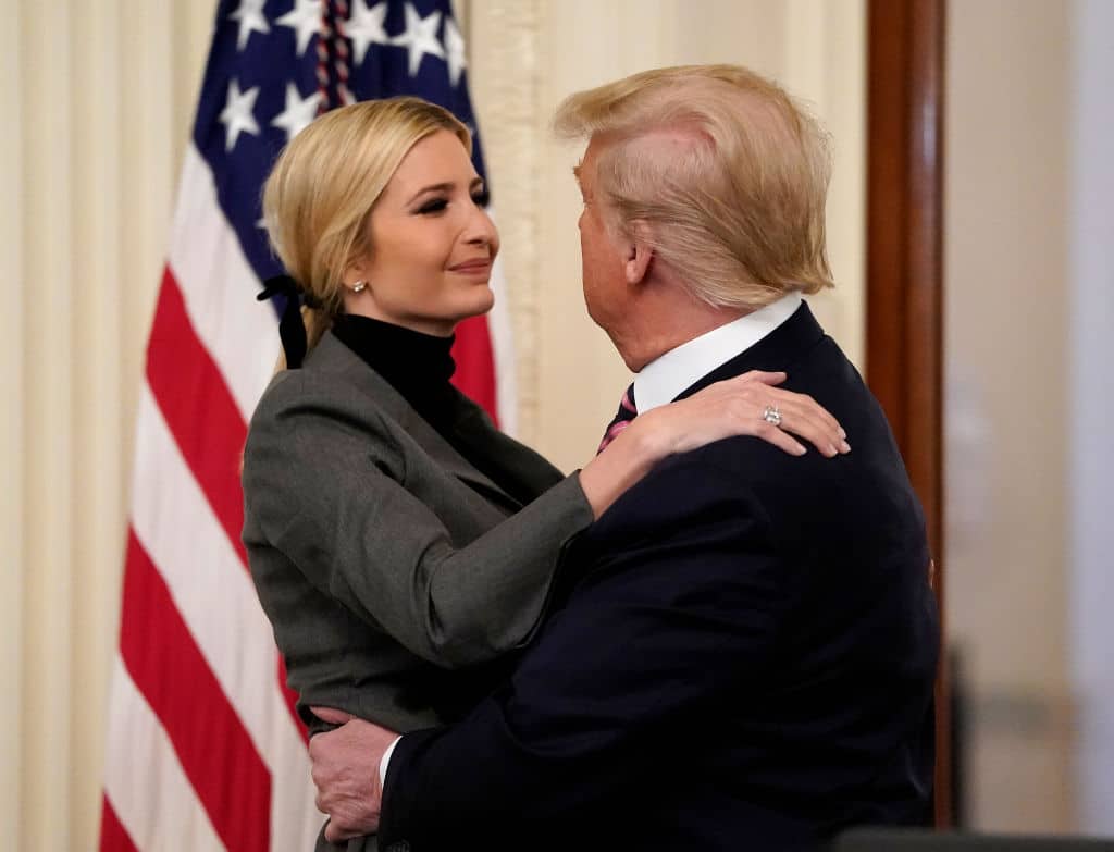 WASHINGTON, DC - FEBRUARY 06:  U.S. President Donald Trump hugs his daughter and Senior Advisor Ivanka Trump after speaking in the East Room of the White House one day after the U.S. Senate acquitted on two articles of impeachment, ion February 6, 2020 in Washington, DC. After five months of congressional hearings and investigations about President Trump’s dealings with Ukraine, the U.S. Senate formally acquitted the president on Wednesday of charges that he abused his power and obstructed Congress. (Photo by Drew Angerer/Getty Images)