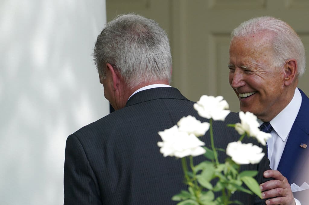 President Joe Biden, right, talks with House Minority Leader Kevin McCarthy of Calif., left, after an event in the Rose Garden of the White House in Washington, Monday, July 26, 2021, to highlight the bipartisan roots of the Americans with Disabilities Act and marking the law's 31st anniversary. (AP Photo/Susan Walsh)