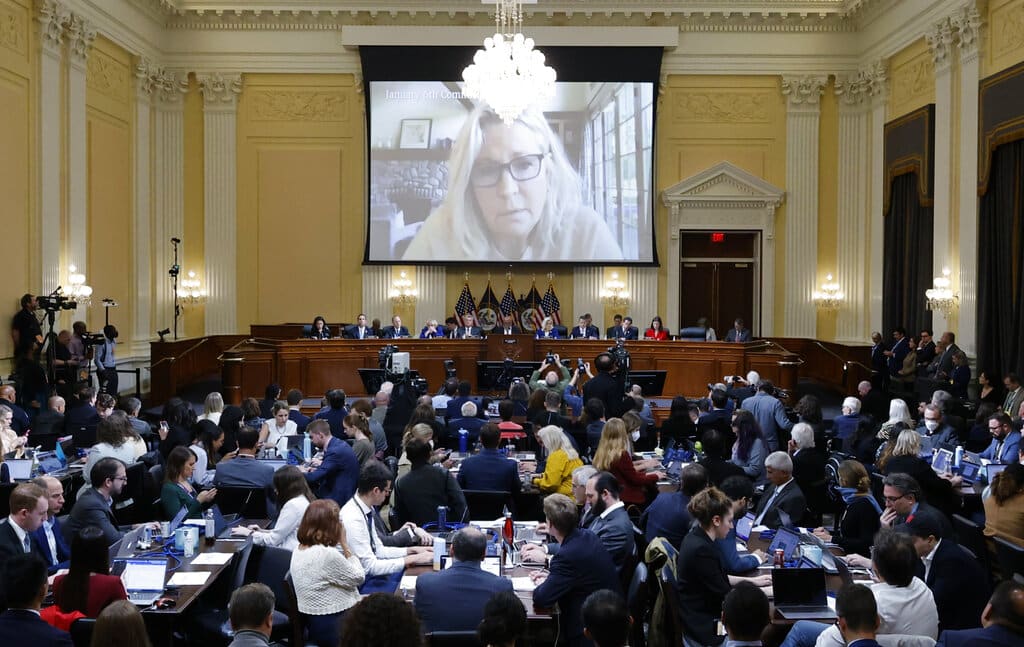 A video Vice Chair Liz Cheney, R-Wyo., is displayed as the House select committee investigating the Jan. 6 attack on the U.S. Capitol holds a hearing on Capitol Hill in Washington, Thursday, Oct. 13, 2022. (Jonathan Ernst/Pool Photo via AP)