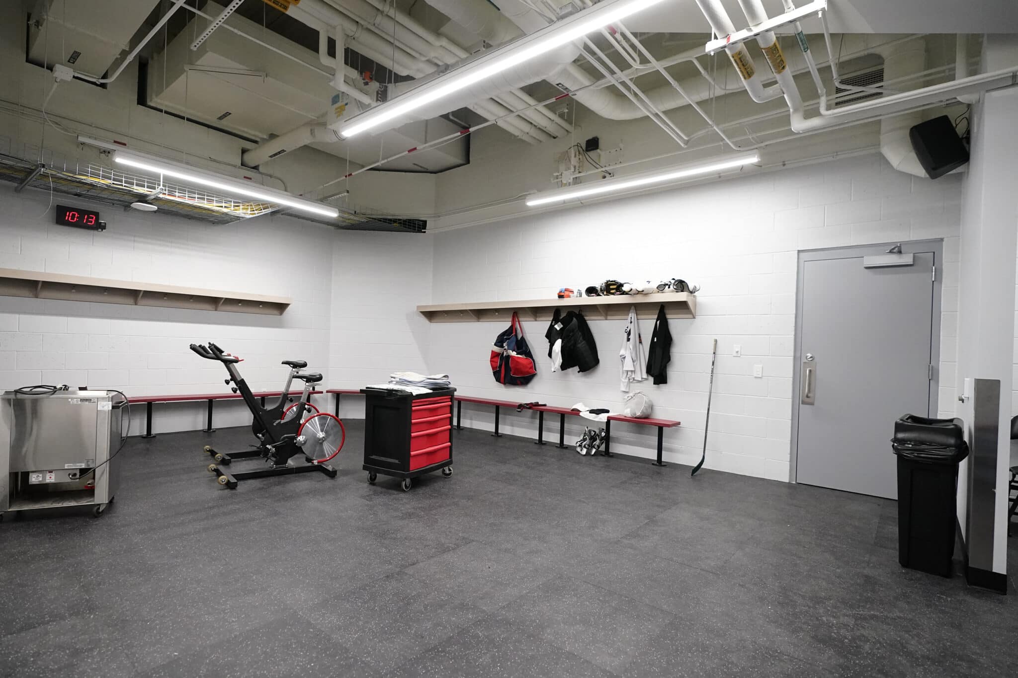 One of the locker rooms at the new Mullett Arena, the new hockey venue Arizona State University will be sharing with the Arizona Coyotes NHL hockey team in Tempe, Ariz., Monday, Oct. 24, 2022. (AP Photo/Ross D. Franklin)
