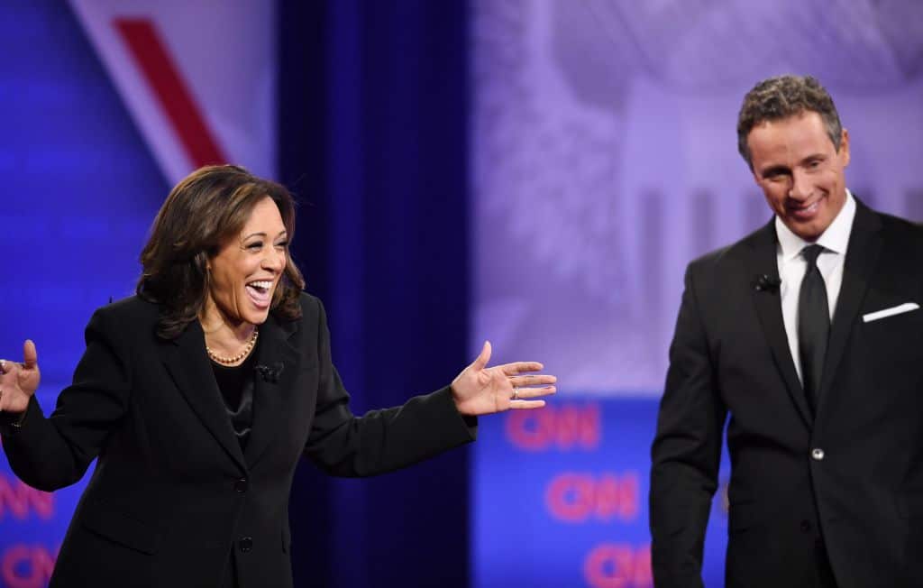 Democratic presidential hopeful California Senator Kamala Harris (L) speaks on stage alongside CNN moderator Chris Cuomo during a town hall devoted to LGBTQ issues hosted by CNN and the Human rights Campaign Foundation at The Novo in Los Angeles on October 10, 2019. (Photo by Robyn Beck / AFP) (Photo by ROBYN BECK/AFP via Getty Images)