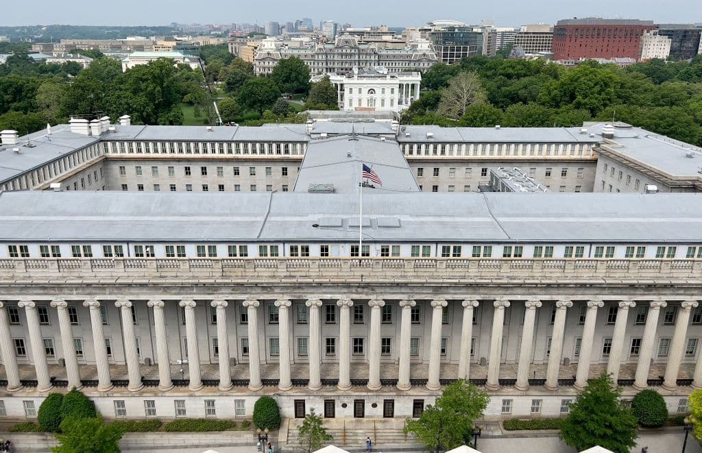 The US Treasury Department building East of the White House, in Washington DC, pictured on May 20, 2022. (Photo by Daniel SLIM / AFP) (Photo by DANIEL SLIM/AFP via Getty Images)