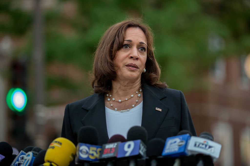 HIGHLAND PARK, IL - JULY 05:  U.S. Vice President Kamala Harris speaks, near the scene of a mass shooting yesterday during a Fourth of July parade, on July 5, 2022 in Highland Park, Illinois. Authorities have charged Robert “Bobby” E. Crimo III, 22, with seven counts of first-degree murder in the attack that also injured 47, according to published reports.  (Photo by Jim Vondruska/Getty Images)