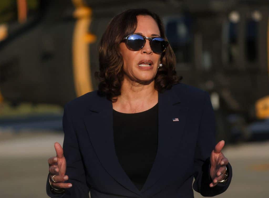 US Vice President Kamala Harris makes a statement to the media as she visits the demilitarized zone (DMZ) separating North and South Korea, in Panmunjom on September 29, 2022. (Photo by LEAH MILLIS / POOL / AFP) (Photo by LEAH MILLIS/POOL/AFP via Getty Images)