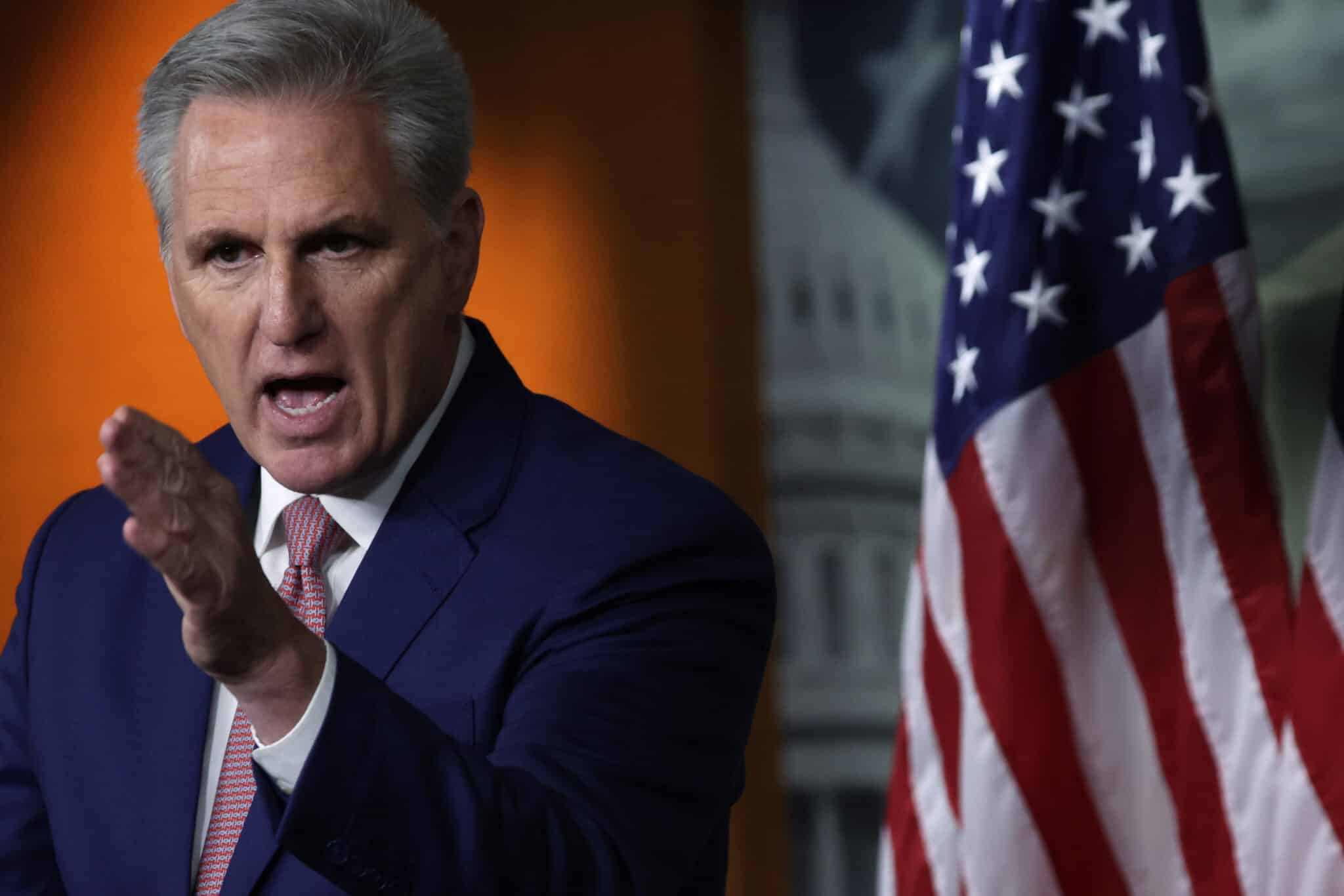 WASHINGTON, DC - JANUARY 13:  U.S. House Minority Leader Rep. Kevin McCarthy (R-CA) speaks during a weekly news conference at the U.S. Capitol on January 13, 2022 in Washington, DC. Leader McCarthy announced yesterday that he would not voluntarily cooperate with the Select Committee to Investigate the January 6th Attack on the United States Capitol after the committee has formally requested an interview with him. (Photo by Alex Wong/Getty Images)