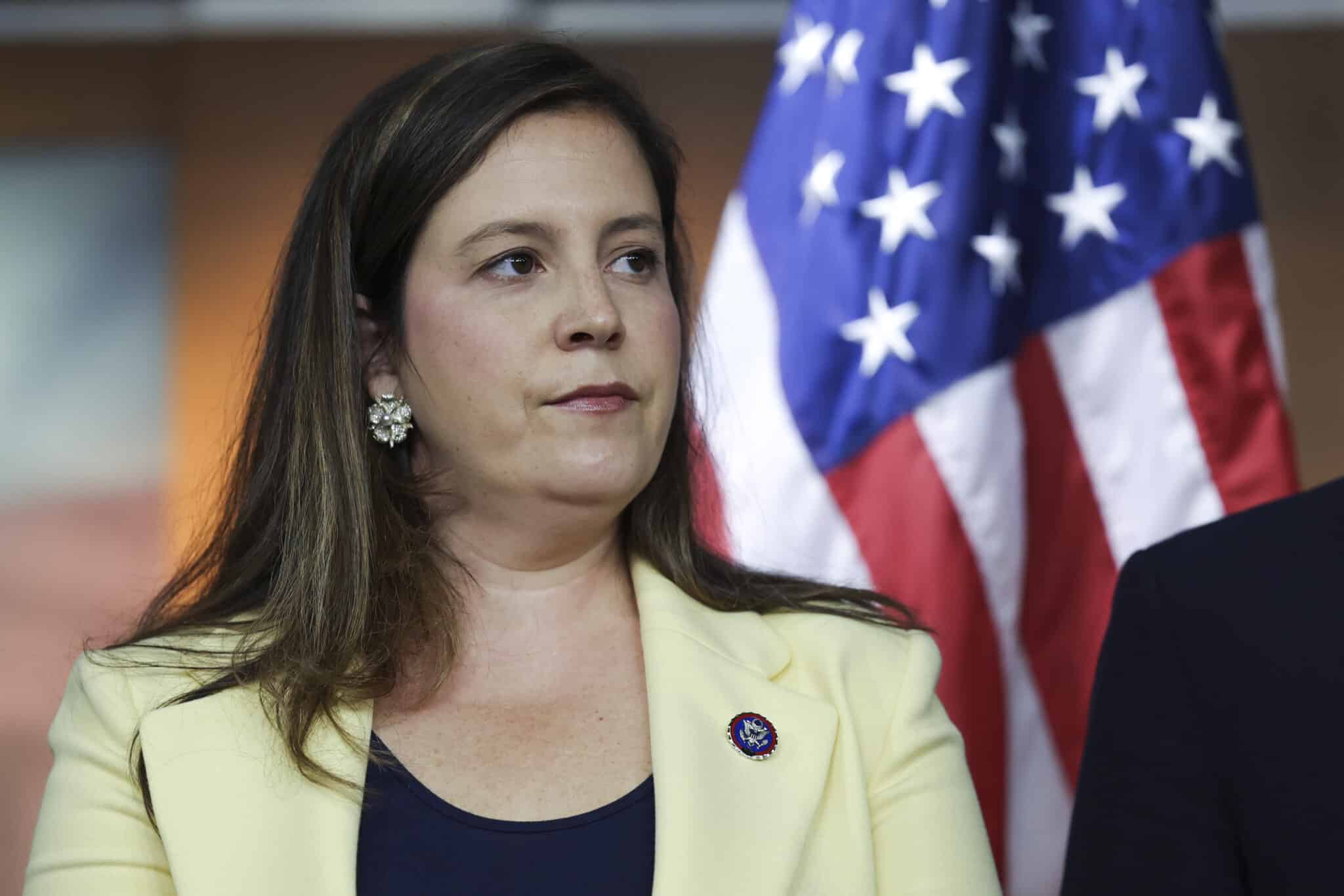 WASHINGTON, DC - JUNE 08: U.S. House Republican Conference Chair Elise Stefanik (R-NY) attends at a press conference following a Republican caucus meeting, at the U.S. Capitol on June 08, 2022 in Washington, DC. Stefanik spoke out against the January 6 Committee hearings set to begin tomorrow. (Photo by Kevin Dietsch/Getty Images)