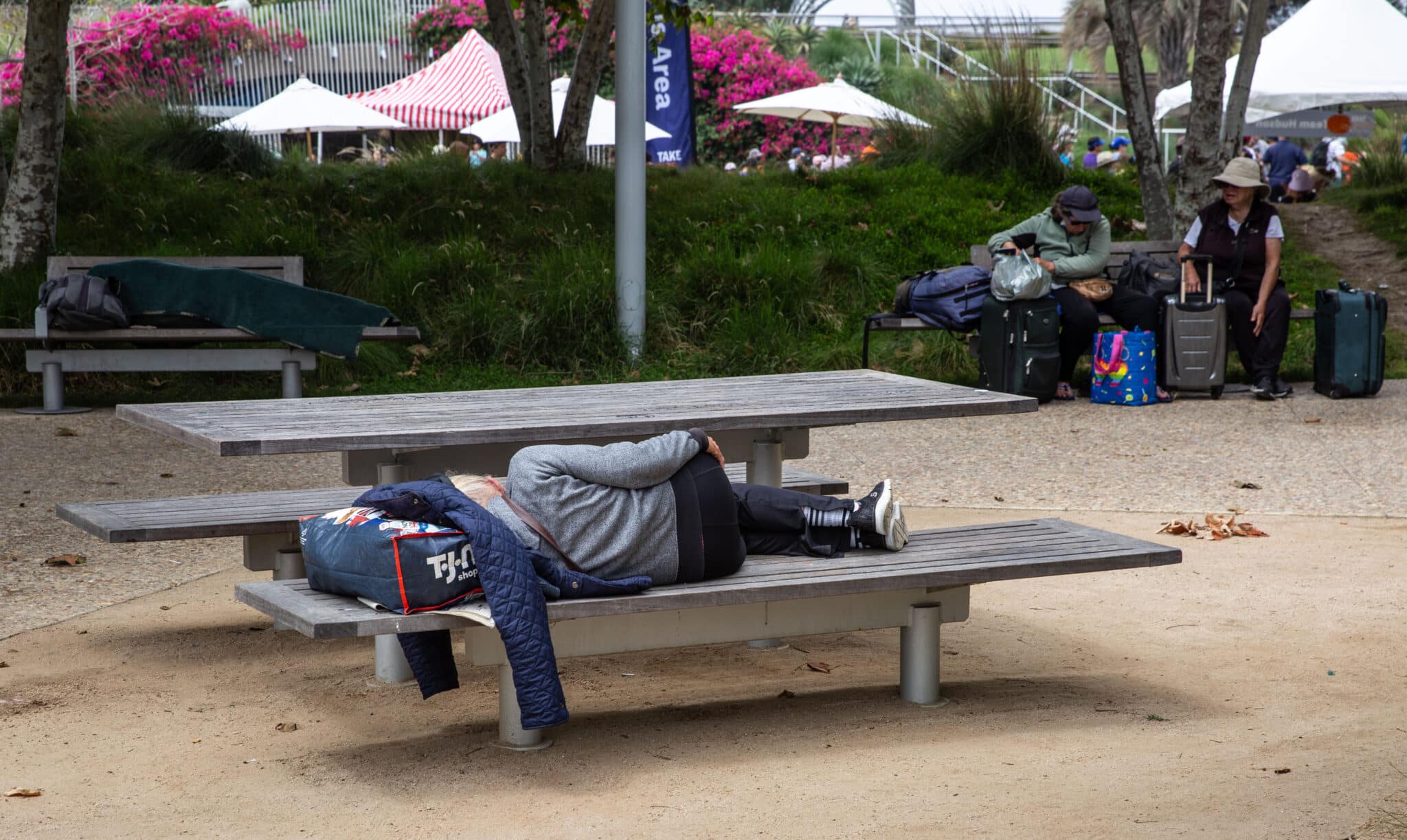 SANTA MONICA, CA - JUNE 12:  A homeless man sleeps in the six-acre Tongva Park, a relatively new urban community oasis filled with interesting architecture, walkways, landscaping, and native vegetation and located between the Santa Monica Pier and City Hall, is viewed on June 12, 2022, in Santa Monica, California. Santa Monica has been a popular beach destination for millions of tourists, Southern Californians, and the homeless hoping to escape the interior heat for more than a hundred years. (Photo by George Rose/Getty Images)