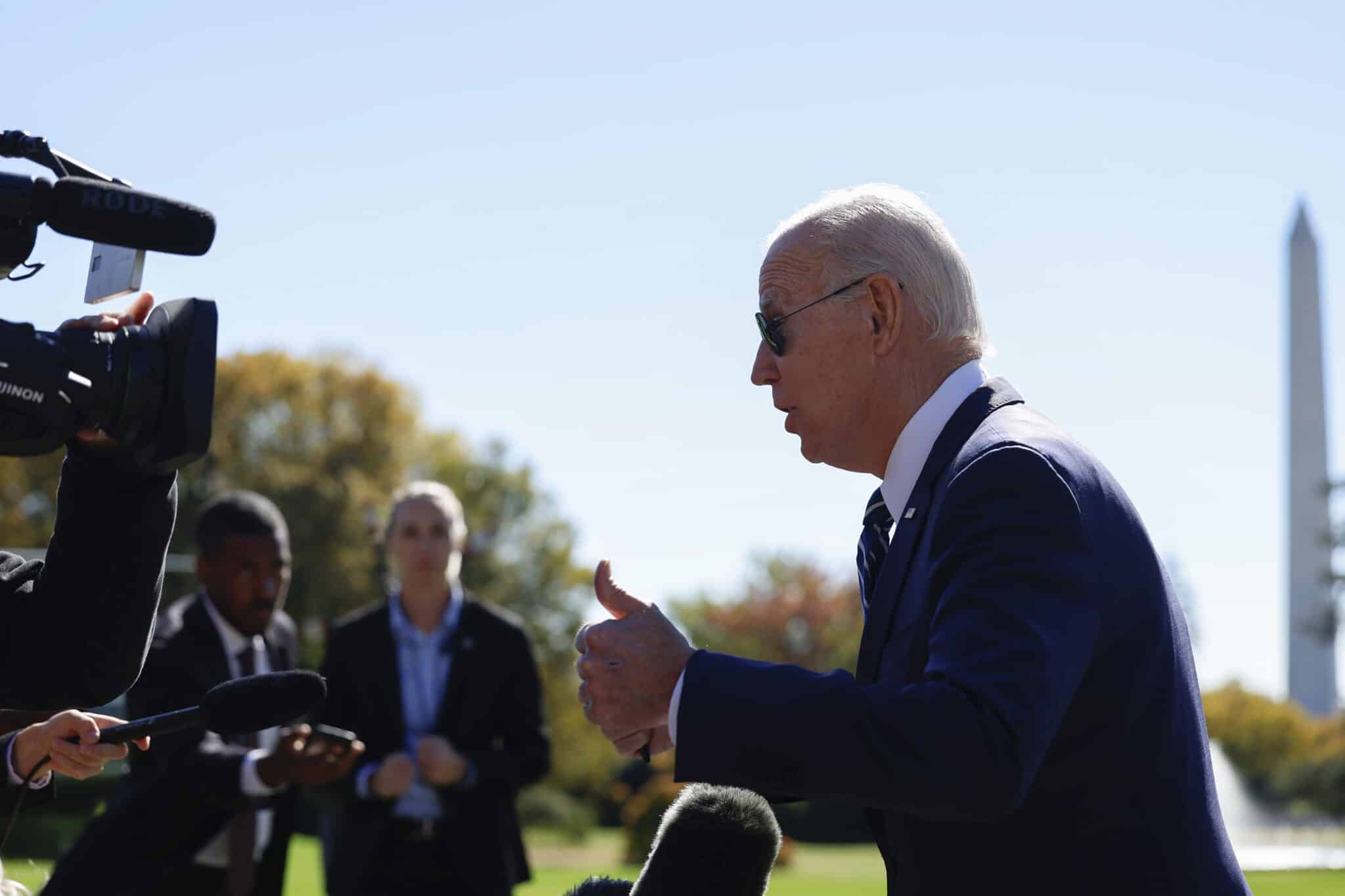 WASHINGTON, DC - OCTOBER 27:  U.S. President Joe Biden speaks to members of the press prior to his Marine One departure from the White House on October 27, 2022 in Washington, DC. Prior to his departure, Biden spoke to reporters about the third quarter GDP growth. Biden is traveling to Syracuse, New York, where he will deliver remarks on the economy and Micron Technology Inc.’s investing in CHIPS manufacturing. (Photo by Anna Moneymaker/Getty Images)