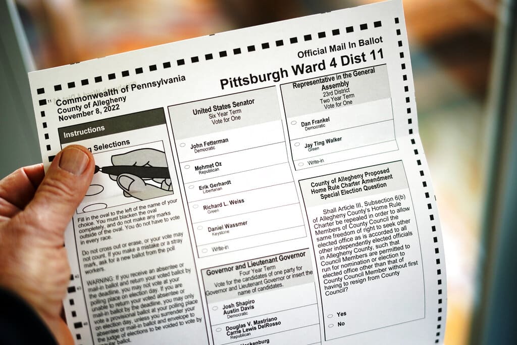 This an official mail in Pennsylvania ballot in Pittsburgh, Wednesday, Oct. 19, 2022. (AP Photo/Gene J. Puskar)