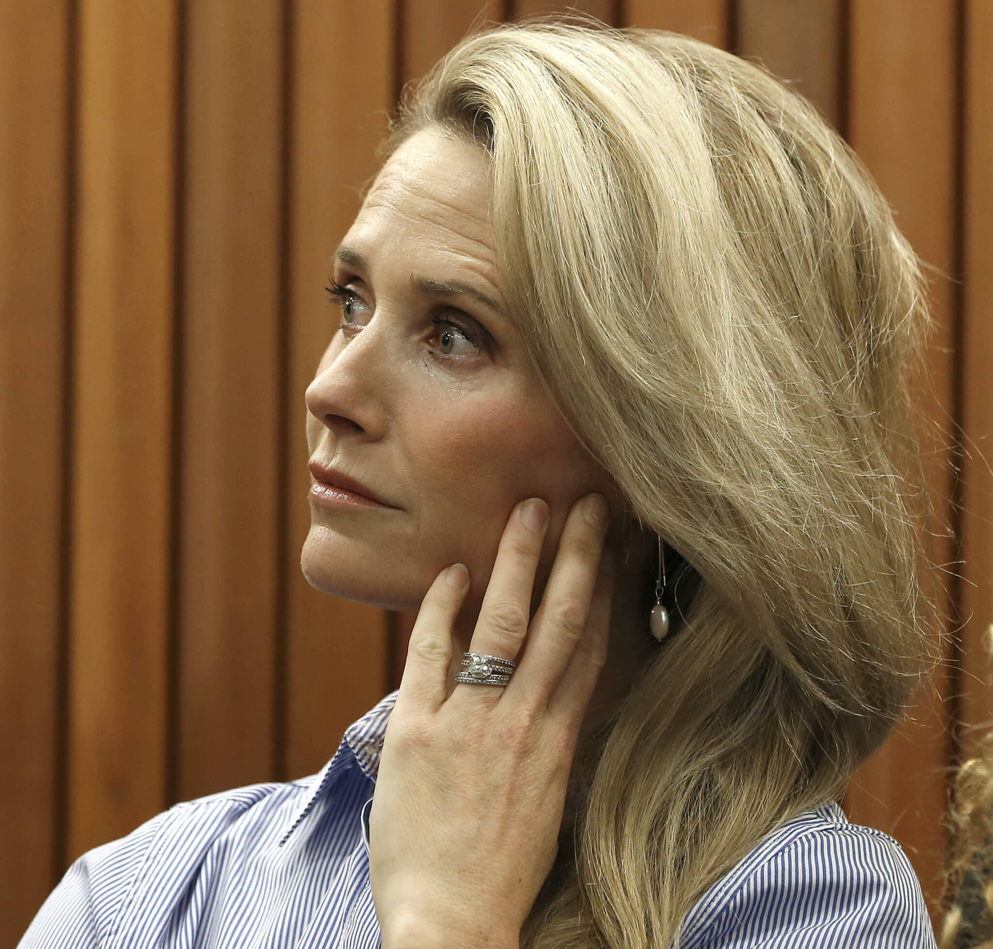 FILE - Jennifer Siebel Newsom listens as her husband, Gov. Gavin Newsom, discusses his revised state budget during a news conference on May 9, 2019, in Sacramento, Calif. Siebel Newsom, a documentary filmmaker and the wife of California governor Gavin Newsom, has taken the stand at the trial of Harvey Weinstein. Newsom is the fourth of the women Weinstein is accused of assaulting to testify at his Los Angeles trial. (AP Photo/Rich Pedroncelli, File)