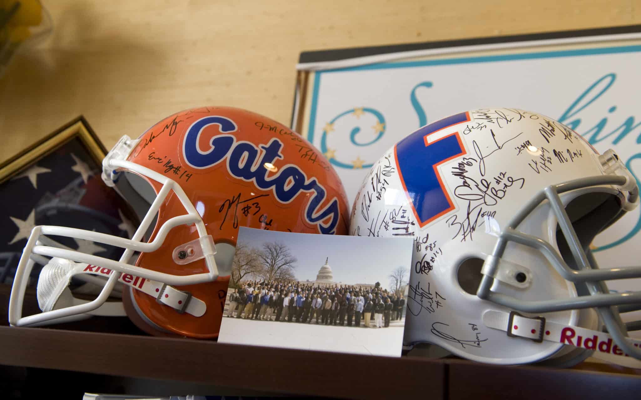 UNITED STATES - NOVEMBER 29: Signed helmets from the national championship University of Florida Gators team are on display in Florida House, at East Capitol and 2nd Sts., NE.  Photo By Tom Williams/Roll Call)