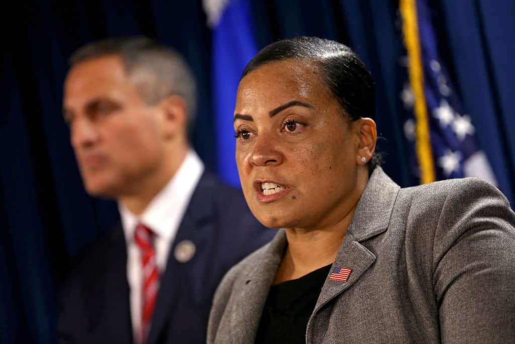BOSTON,  MA - October 4: US District Attorney Rachel Rollins speaks at a press conference along with Joseph Bonavolonta, FBI Special Agent in Charge to announce the arrest of Jason Duhaime, 45 of San Antonio Texas in connection with a reported explosion at the campus of Northeastern University last month on October 4, 2022 in Boston, Massachusetts.  (Photo by Matt Stone/MediaNews Group/Boston Herald via Getty Images)