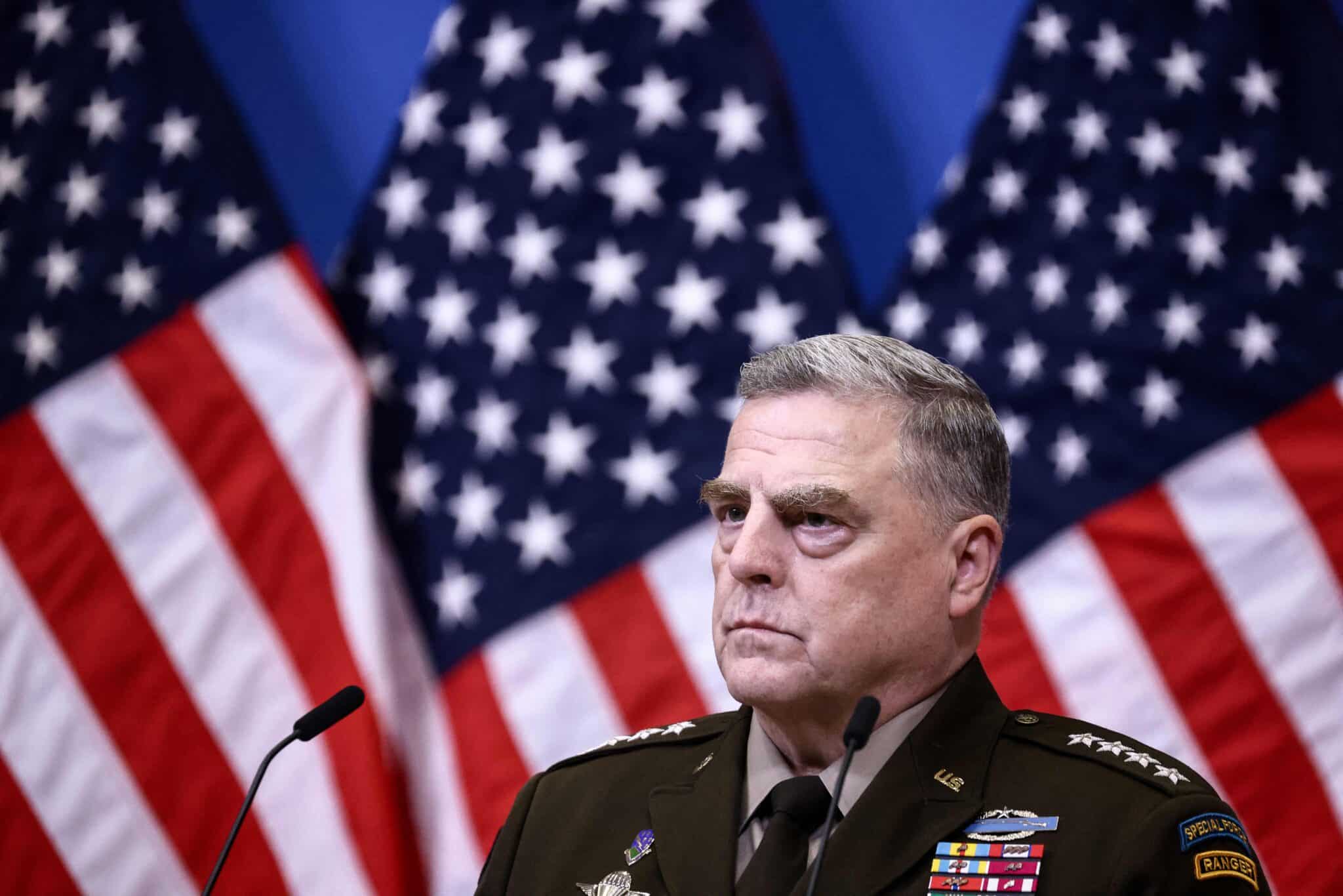 US Chairman of the Joint Chiefs of Staff, General Mark Milley gives a press conference after a meeting of the Ukraine Defense Contact Group during a two-day meeting of the alliance's Defence Ministers at the NATO Headquarter in Brussels on October 12, 2022. (Photo by Kenzo TRIBOUILLARD / AFP) (Photo by KENZO TRIBOUILLARD/AFP via Getty Images)