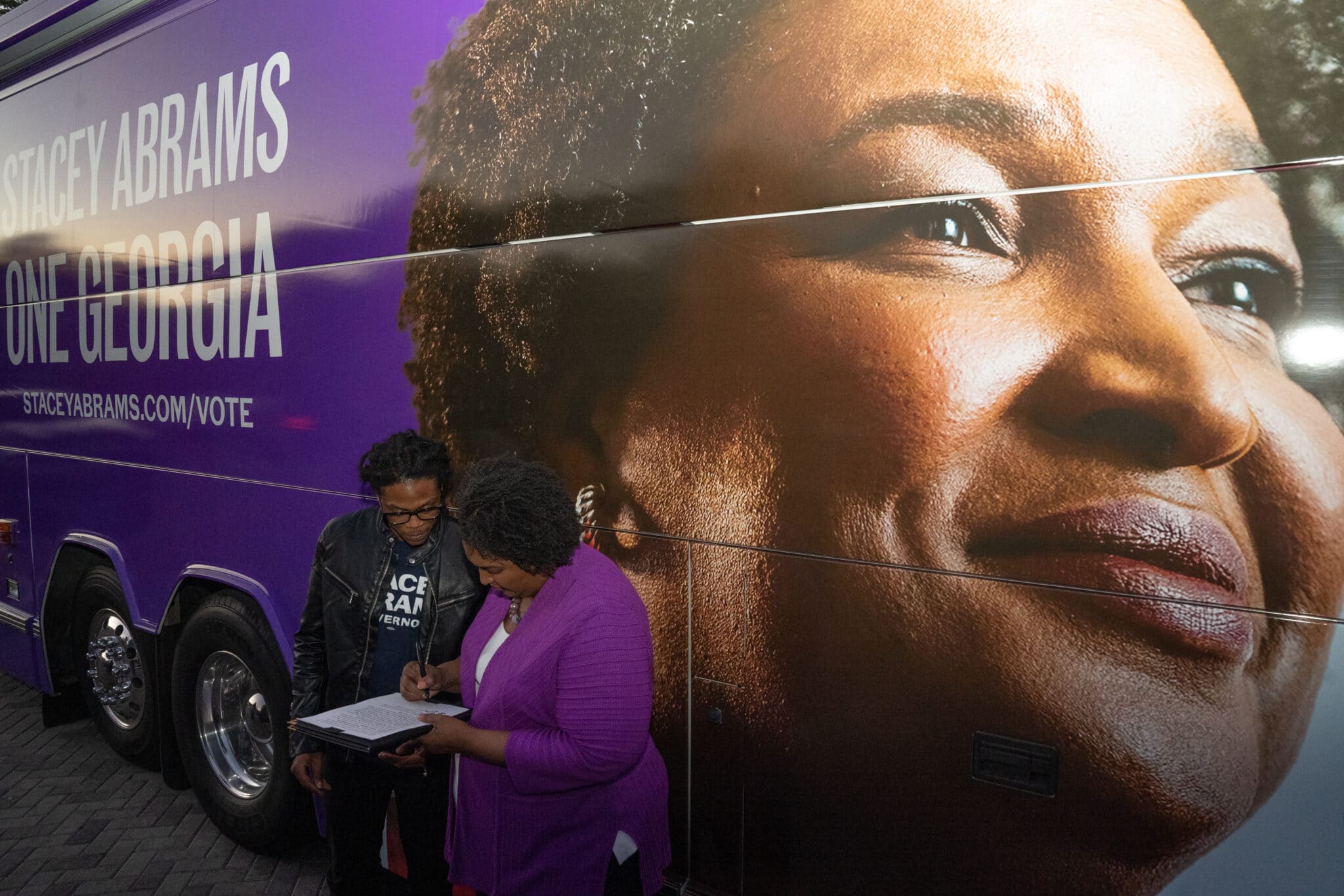 JONESBORO, GA - OCTOBER 18:  Georgia Democratic gubernatorial candidate Stacey Abrams arrives for a campaign event as early voting begins on October 18, 2022 in Jonesboro, Georgia. Abrams is facing incumbent Gov. Brian Kemp, whom she narrowly lost to in 2018.  (Photo by Megan Varner/Getty Images)
