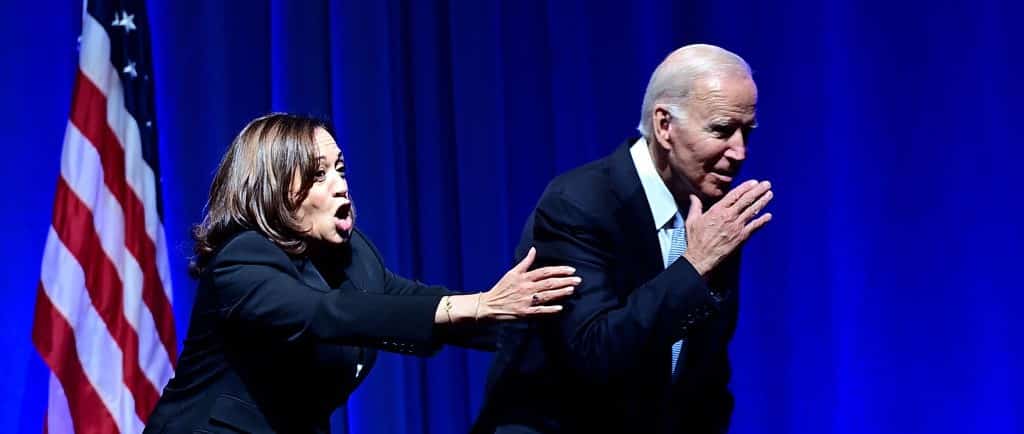PHILADELPHIA, PA - OCTOBER 28:  US President Joe Biden and US Vice President Kamala Harris react while greeting supporters during the Democratic Party's Independence Dinner on October 28, 2022 in Philadelphia, Pennsylvania. Election Day will be held on November 8.  (Photo by Mark Makela/Getty Images)