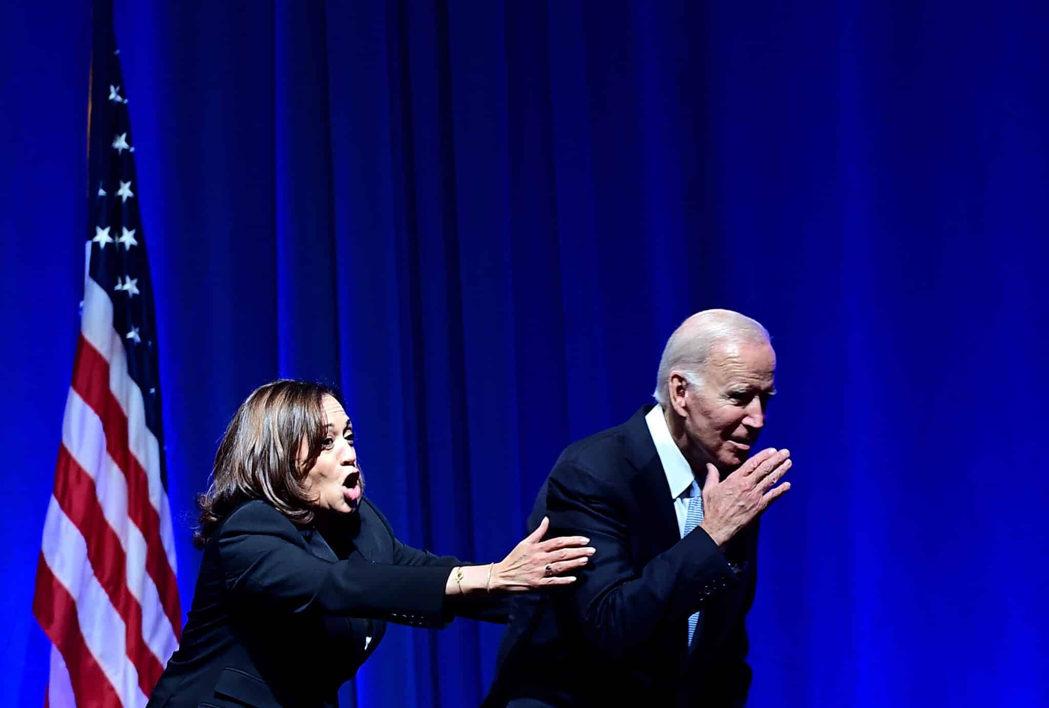 PHILADELPHIA, PA - OCTOBER 28:  US President Joe Biden and US Vice President Kamala Harris react while greeting supporters during the Democratic Party's Independence Dinner on October 28, 2022 in Philadelphia, Pennsylvania. Election Day will be held on November 8.  (Photo by Mark Makela/Getty Images)