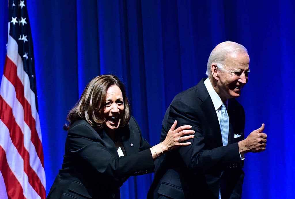 PHILADELPHIA, PA - OCTOBER 28:  US President Joe Biden and US Vice President Kamala Harris greet supporters during the Democratic Party's Independence Dinner on October 28, 2022 in Philadelphia, Pennsylvania. Election Day will be held on November 8.  (Photo by Mark Makela/Getty Images)
