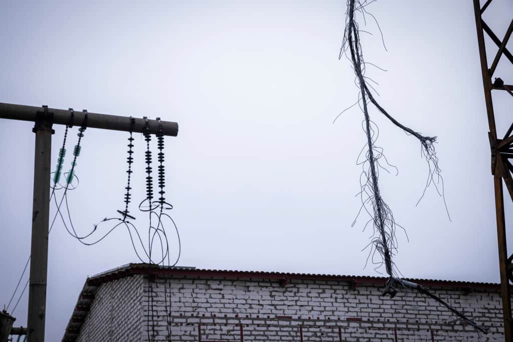 CENTRAL UKRAINE - NOVEMBER 10:  Cables hang down above an autotransformer which stands completely destroyed after the Ukrenergo high voltage power substation was hit by a missile strike on October 17th, as Russia launched air attacks across Ukraine, on November 10, 2022 in central Ukraine. Electricity and heating outages across Ukraine caused by missile and drone strikes to energy infrastructure have added urgency to preparations for winter. (Photo by Ed Ram/Getty Images)