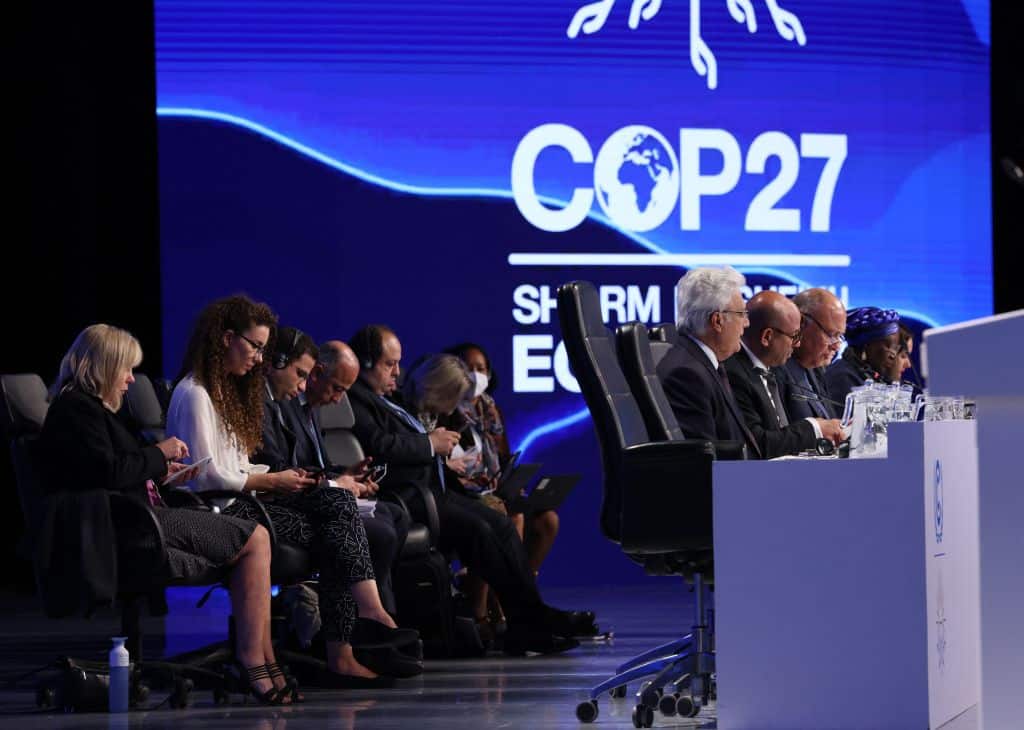 Egypt's Foreign Minister Sameh Shukri, heads the closing session of the COP27 climate conference, at the Sharm el-Sheikh International Convention Centre in Egypt's Red Sea resort city of the same name, on November 20, 2022. (Photo by JOSEPH EID / AFP) (Photo by JOSEPH EID/AFP via Getty Images)